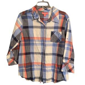 River & Rose Long/Short Sleeve Button Down Gray, White & Blue Top Size Large